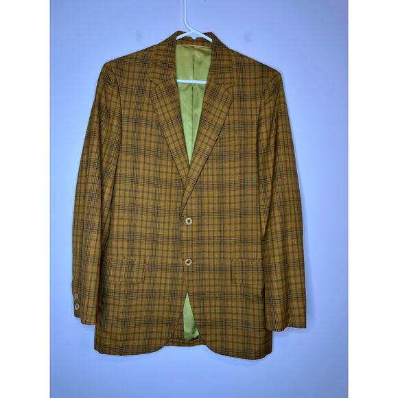 Curlee Other - 1970s Curlee Sportswear Mustard Yellow Green Plaid Tartan Disco Blazer 42 R
